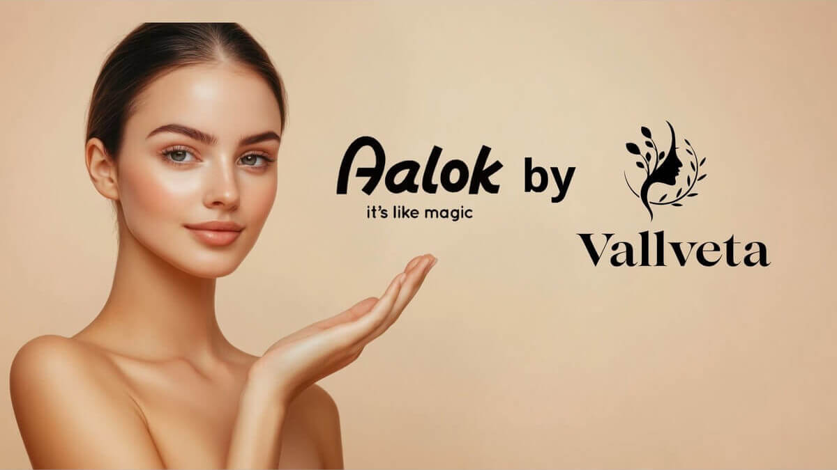 Woman with a smooth complexion on a beige background with 'Aalok by Vallveta' branding.