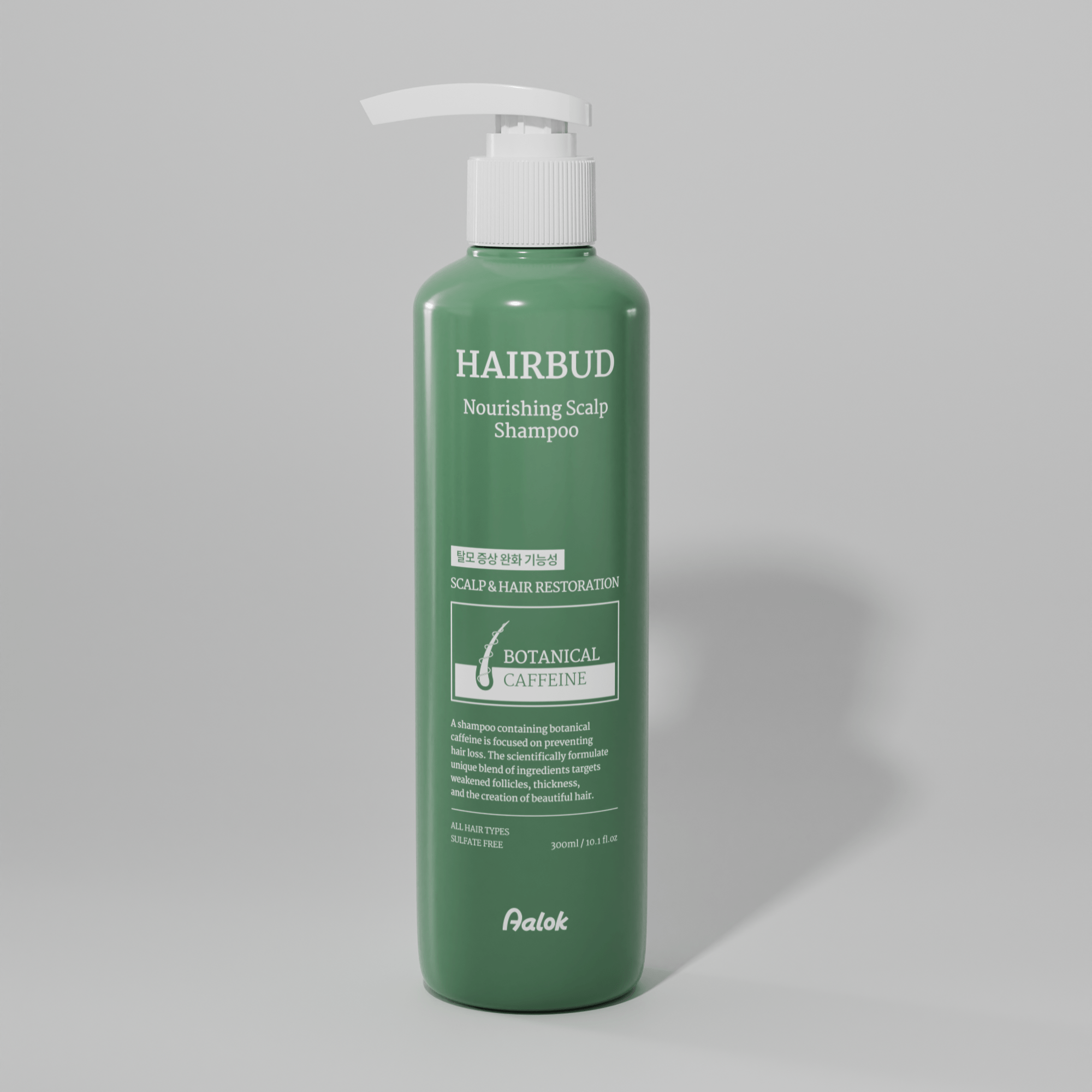 Green shampoo bottle with pump labeled 'HAIRBUD' on a gray background