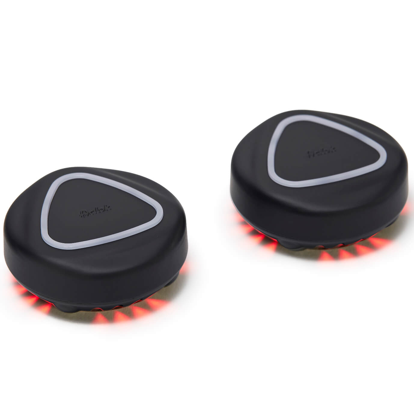 Two Aalok Patches with red glowing lights on a white background