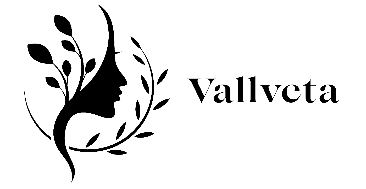 Logo of Vallveta with a silhouette of a woman's head and leaves on a white background