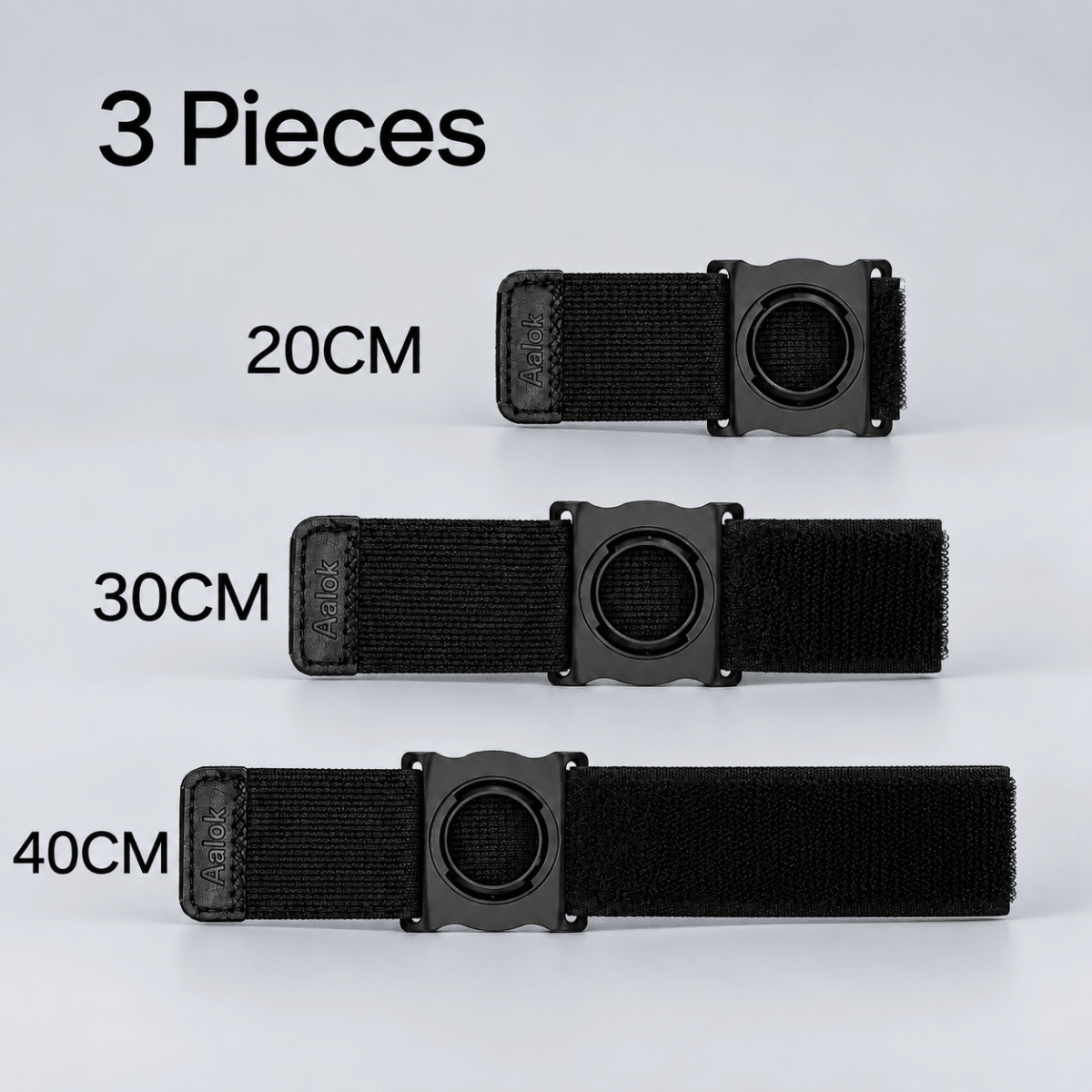 Three black belts with adjustable straps labeled 20CM, 30CM, and 40CM on a white background.