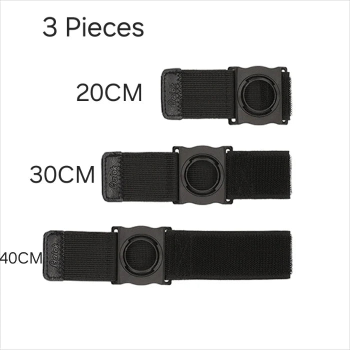 Three black belts with adjustable straps labeled 20CM, 30CM, and 40CM on a white background.