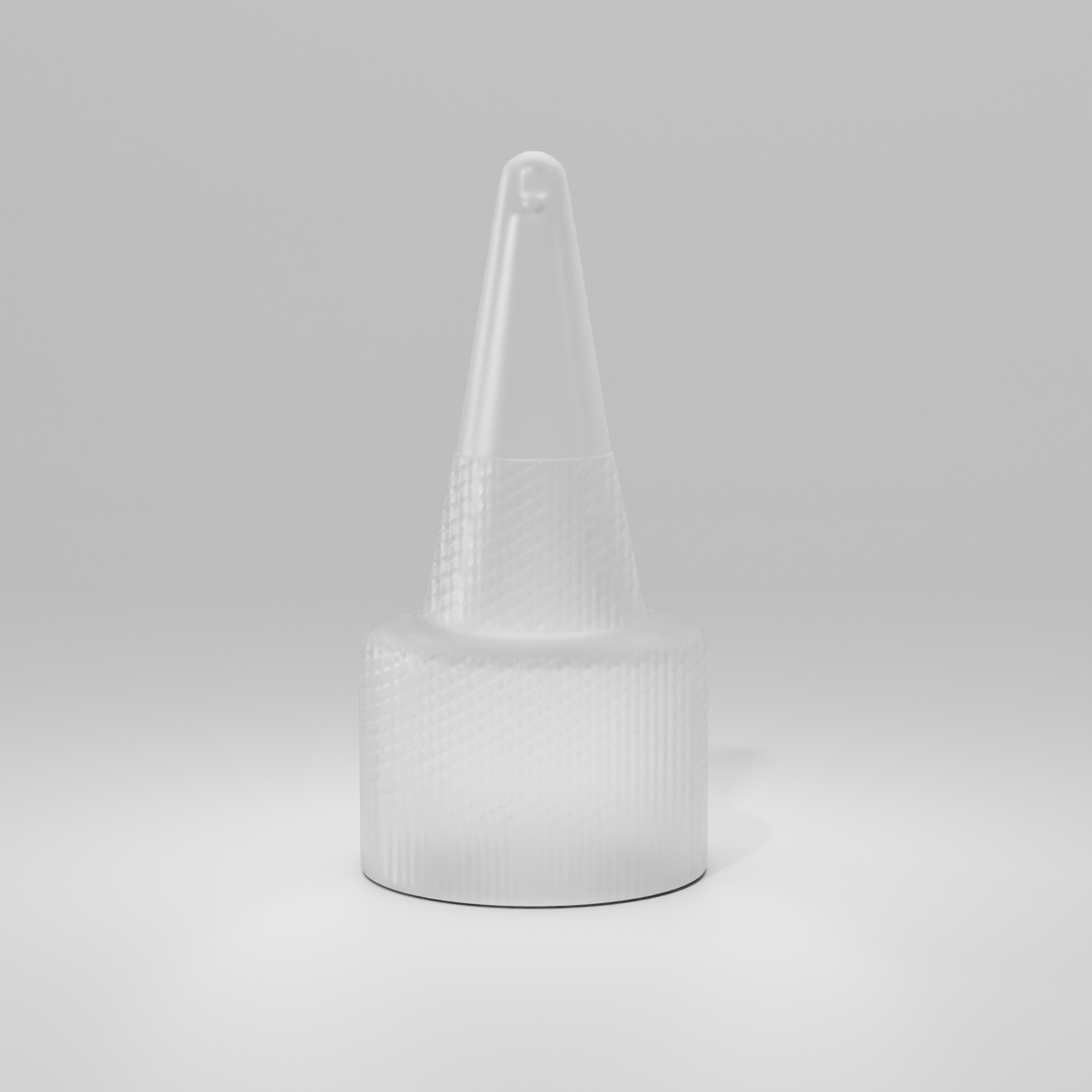 Clear plastic cone-shaped object on a light gray background