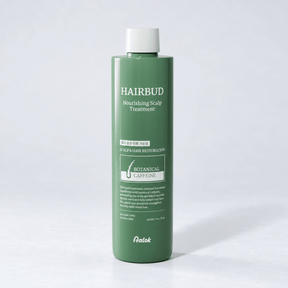 Green bottle of Hairbud Nourishing Scalp Treatment on a light background