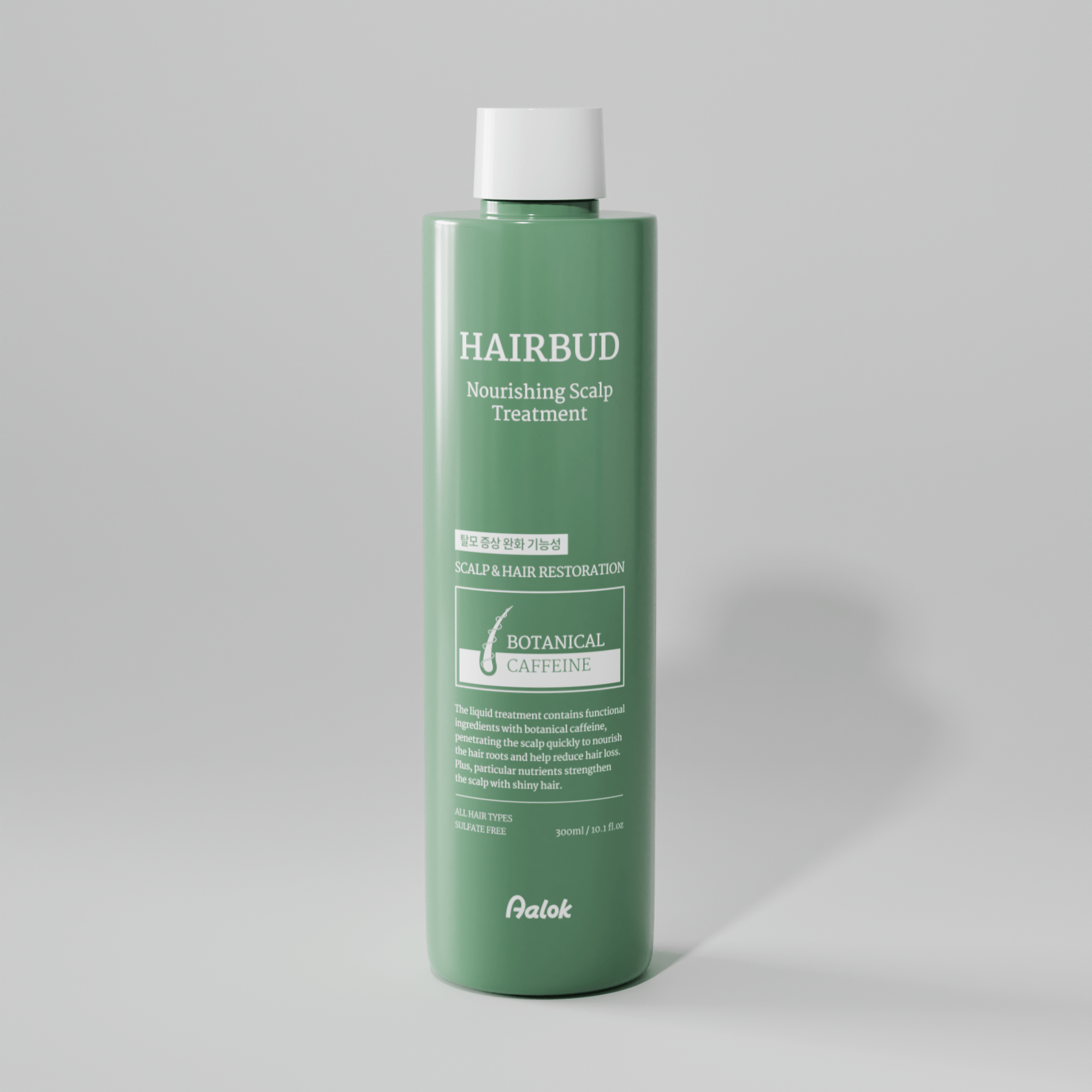 Green bottle of Hairbud Nourishing Scalp Treatment on a gray background