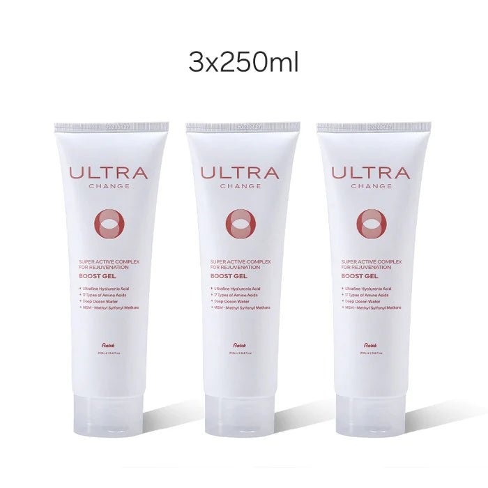 Three bottles of Ultra Change Boost Gel on a white background