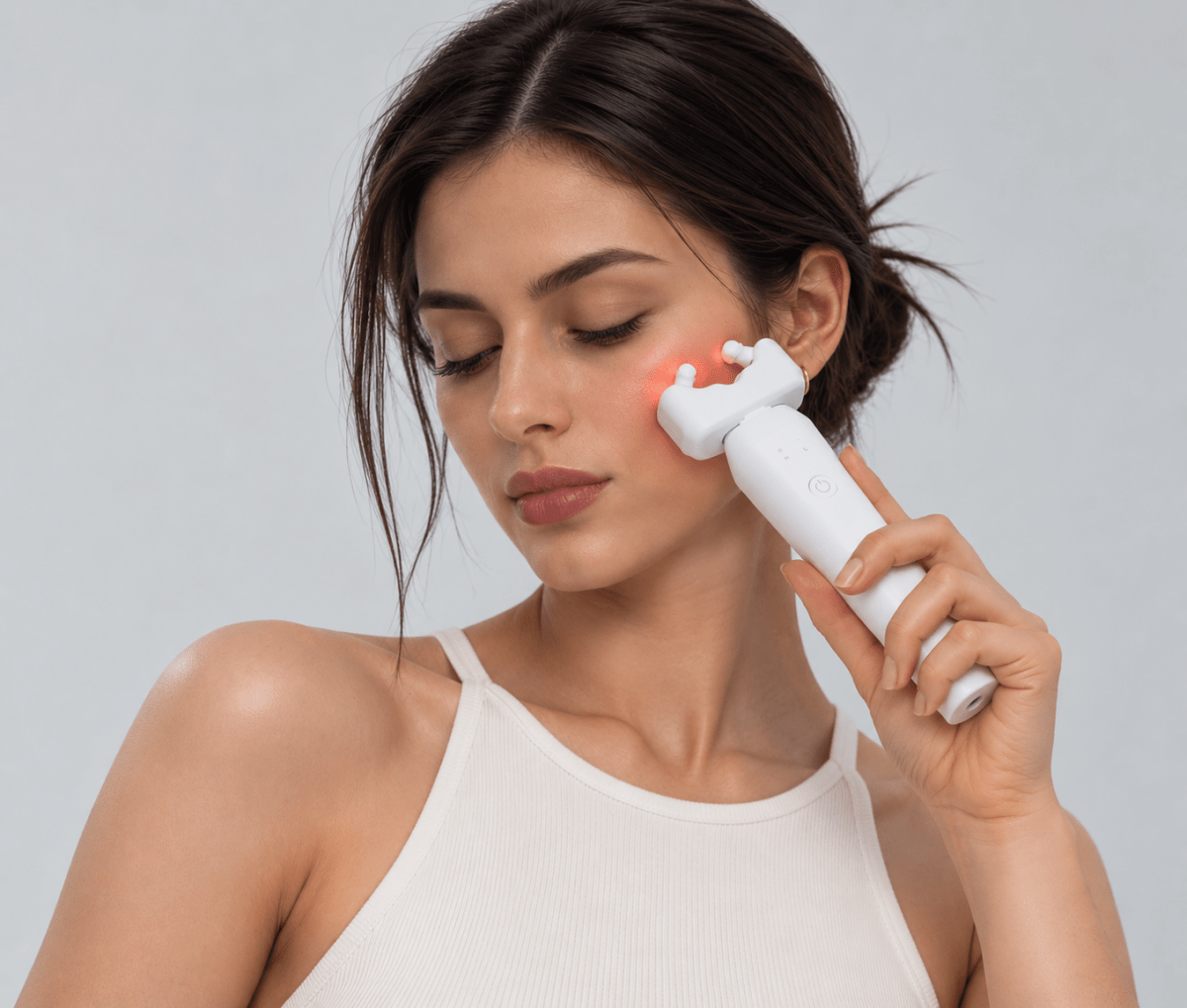Woman using an Aalok ULTRA Olla on her cheek against a light background
